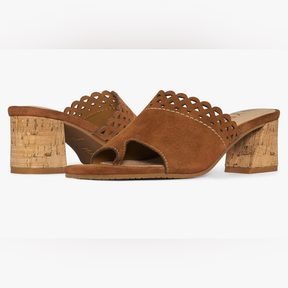 New in box NYDJ Women's Alanah Heeled Suede Mule Sandal size 8.5 Color Cognac